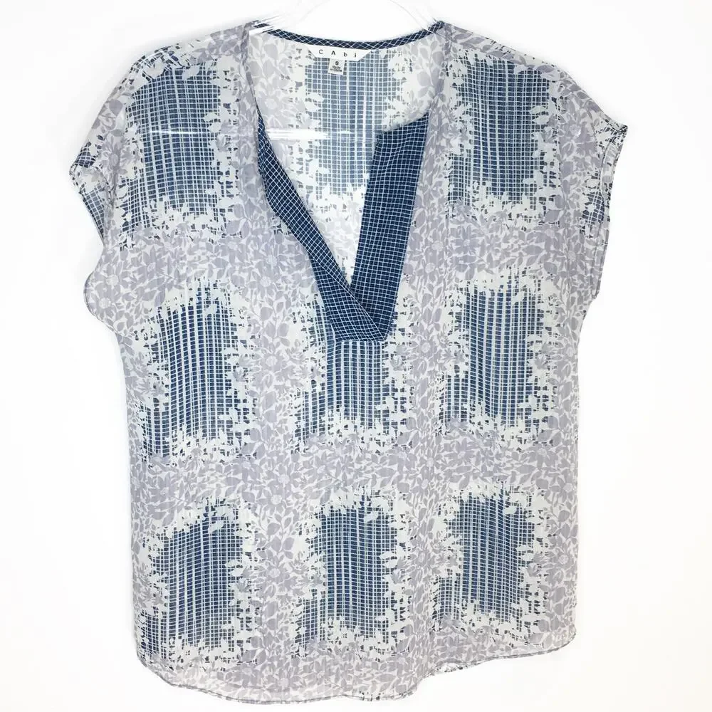 CAbi 278 Womens Size Small Printed Stitch Placket‎ Blouse Top Blue Purple Sheer